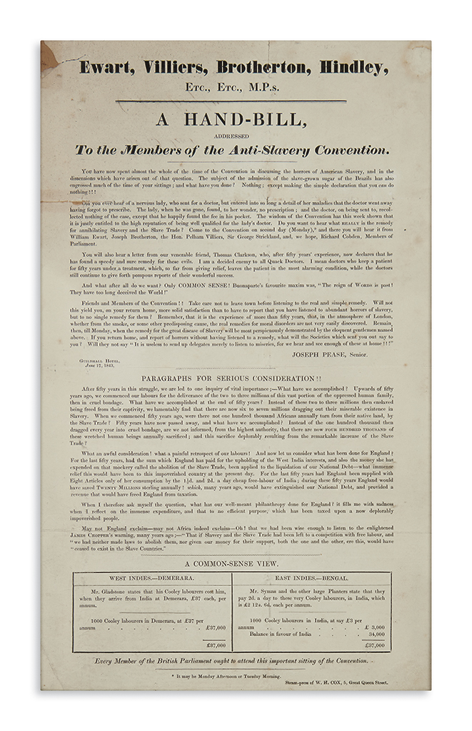 (SLAVERY AND ABOLITION.) Pease, Joseph. A Hand-Bill Addressed to the Members of the Anti-Slavery Convention.